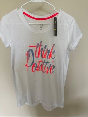 Old Navy White Tee with Pink and Blue 'Think Positive' Graphic